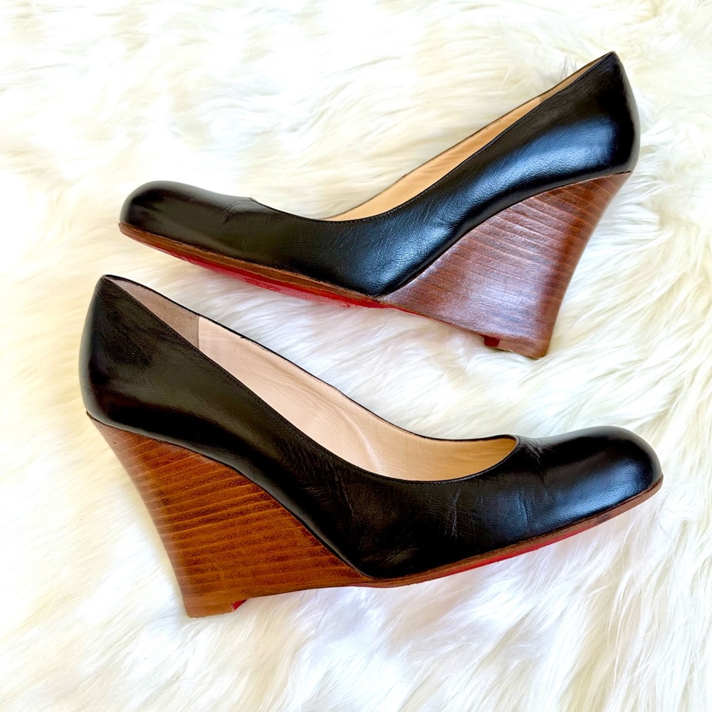 Christian Louboutin Black Leather Wedge Pumps with Wood Heel and Red Sole